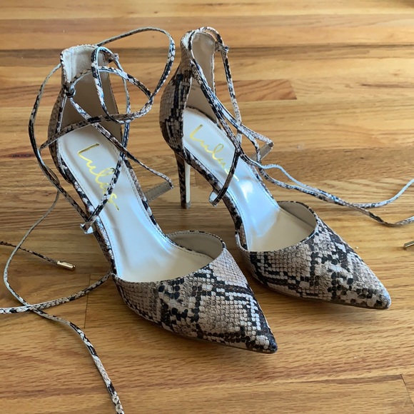 Tan Snake Print Lace Up Pumps - Picture 5 of 10